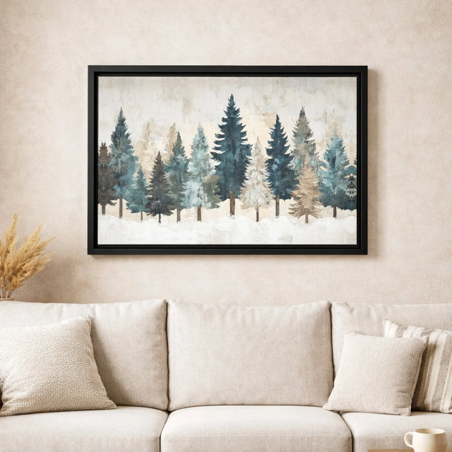 Winter Pine Forest Canvas Print | Abstract Blue and Beige Trees | 1.25-Inch Gallery Wrapped Wall Art | Modern Rustic Home Decor Gift
