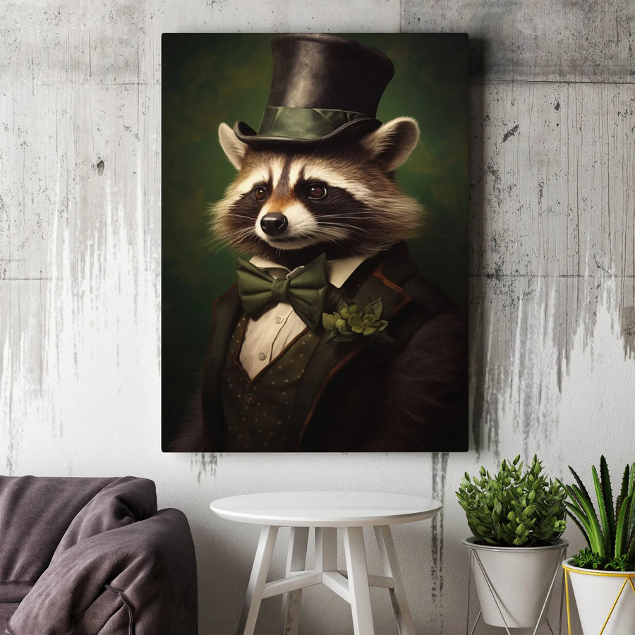 Gentleman Raccoon Canvas Wall Art | Victorian Animal Portrait with Top Hat | Premium Canvas Print | Unique Home Decor Gift for Animal Lovers