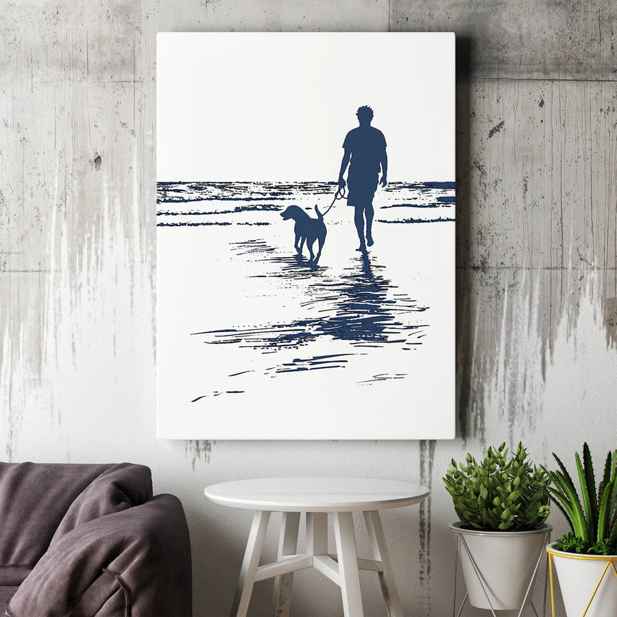 Man Walking Dog Beach Canvas Print | Coastal Silhouette Sketch | 1.25 Inch Gallery Wrap | Minimalist Home Decor Gift for Dog Lovers