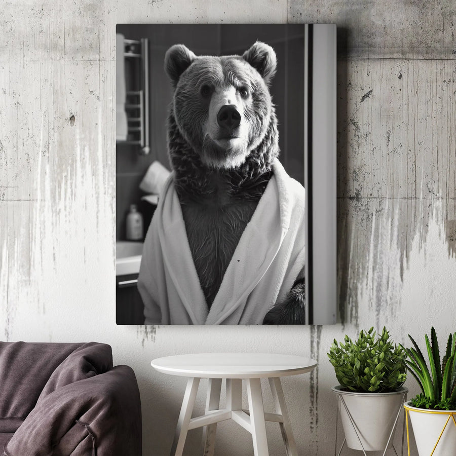 Bear In A Bathrobe Canvas Print | Funny Bathroom Wall Art | Premium Gallery-Wrapped Portrait | Unique Home Decor Gift For Animal Lovers