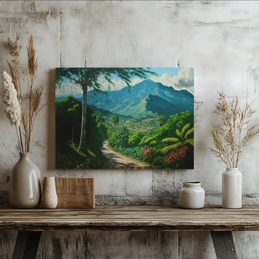 Tropical Mountain Landscape Canvas | Lush Valley Winding Road Art | Premium Gallery Wrap Wall Decor | Nature-Inspired Home Office Gift