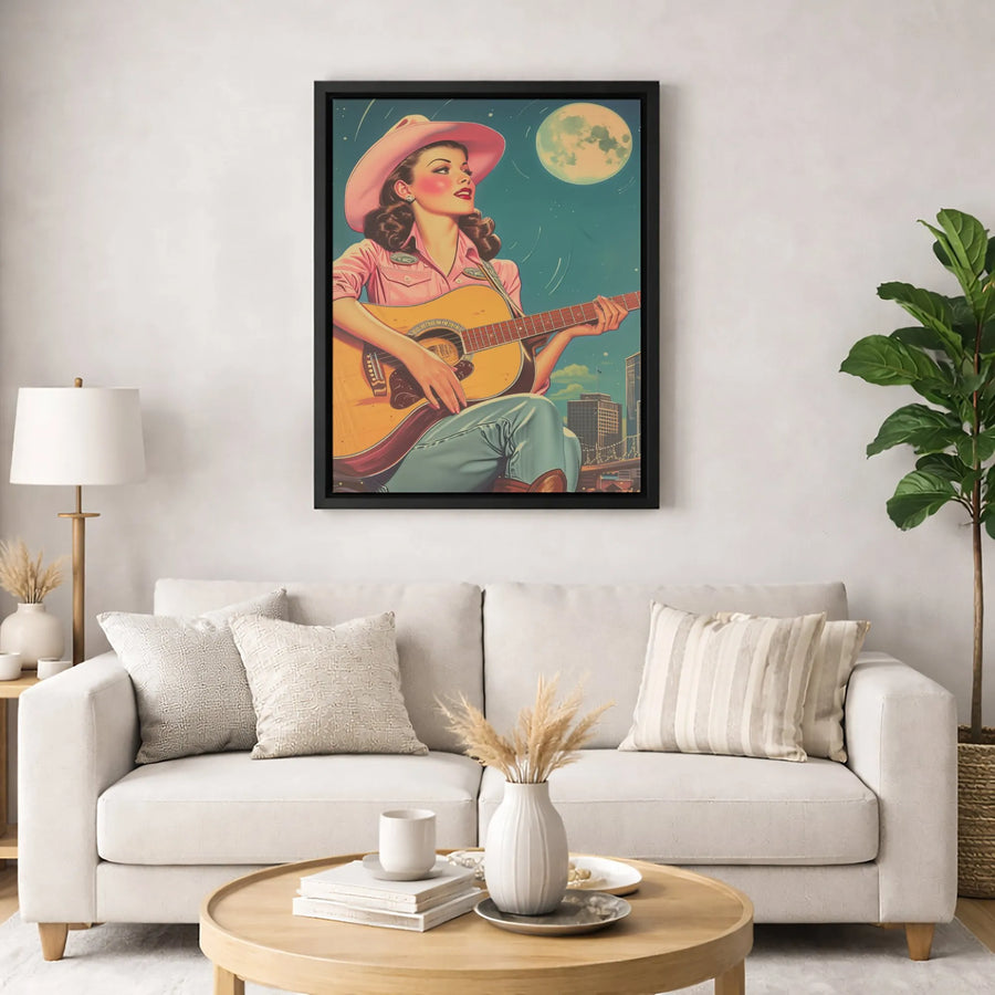 Cowgirl Guitarist Wall Art | Retro Pink Hat Country Music Portrait | Premium Gallery-Wrapped Canvas | Western Boho Home Decor Gift