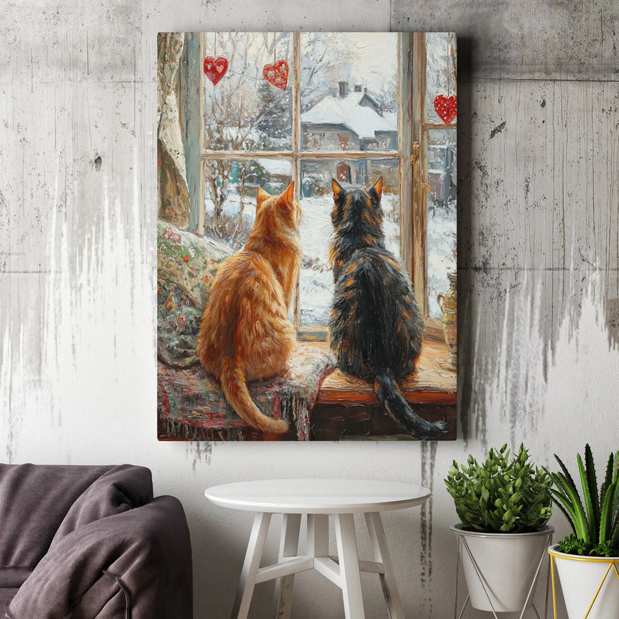 Winter Cats Wall Art Canvas | Romantic Window Scene With Red Hearts | 1.25-Inch Gallery Wrap | Cozy Home Decor Gift For Cat Lovers