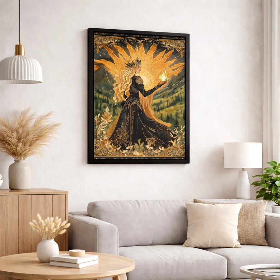 Sun Goddess Wall Art | Fantasy Art Nouveau Flame Print | Premium 1.25-Inch Gallery Canvas | Mythical Forest Decor for Home