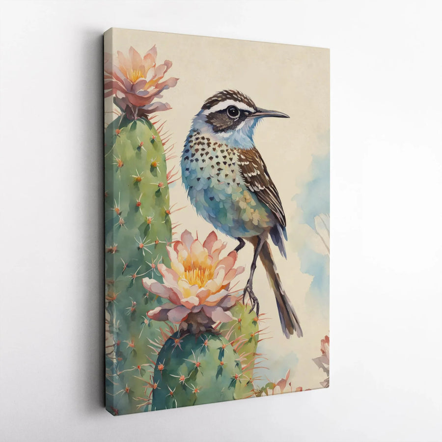 Watercolor Cactus Wren Canvas | Blooming Saguaro Desert Art | 1.25 Inch Gallery Wrap | Southwestern Nature Gift for Home Decor