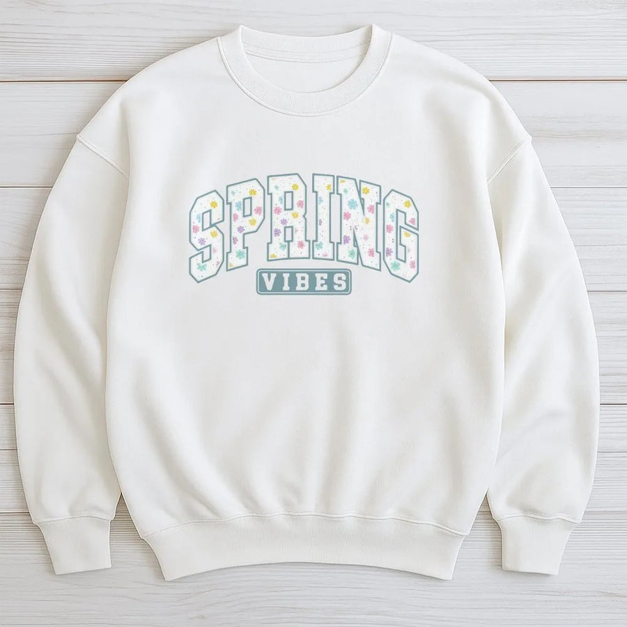 Spring Vibes Sweatshirt | Floral Varsity Lettering Design | Premium Cotton Blend | Aesthetic Seasonal Gift for Her