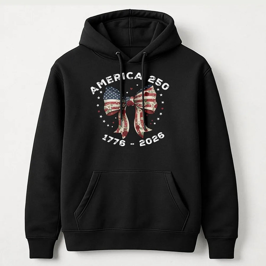 America 250 Hoodie | Patriotic Flag Bow with Florals | Soft Cotton Blend | 2026 Semiquincentennial Commemorative Gift for Men and Women