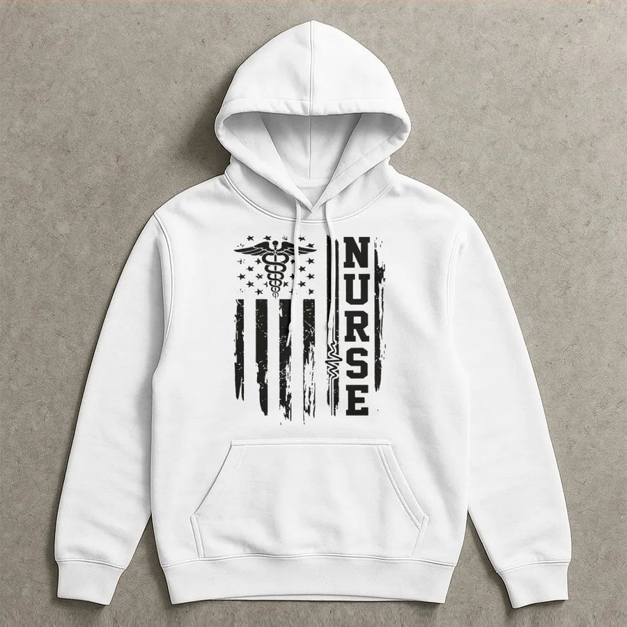 Nurse American Flag Hoodie | Distressed Caduceus Medical Design | Premium Cotton Blend | Gift For RN Nursing Students And Healthcare Workers