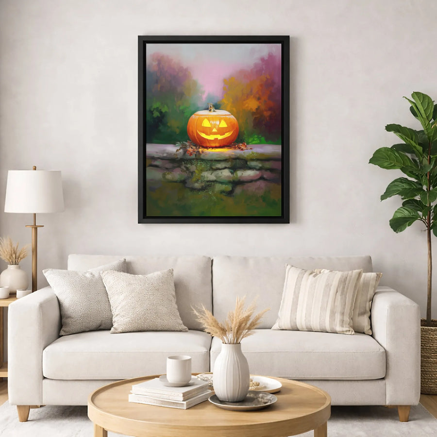 Halloween Jack-O'-Lantern Canvas | Spooky Autumn Forest Stone Wall | Premium Fade-Resistant Wall Art | Rustic Fall Home Decor Gift