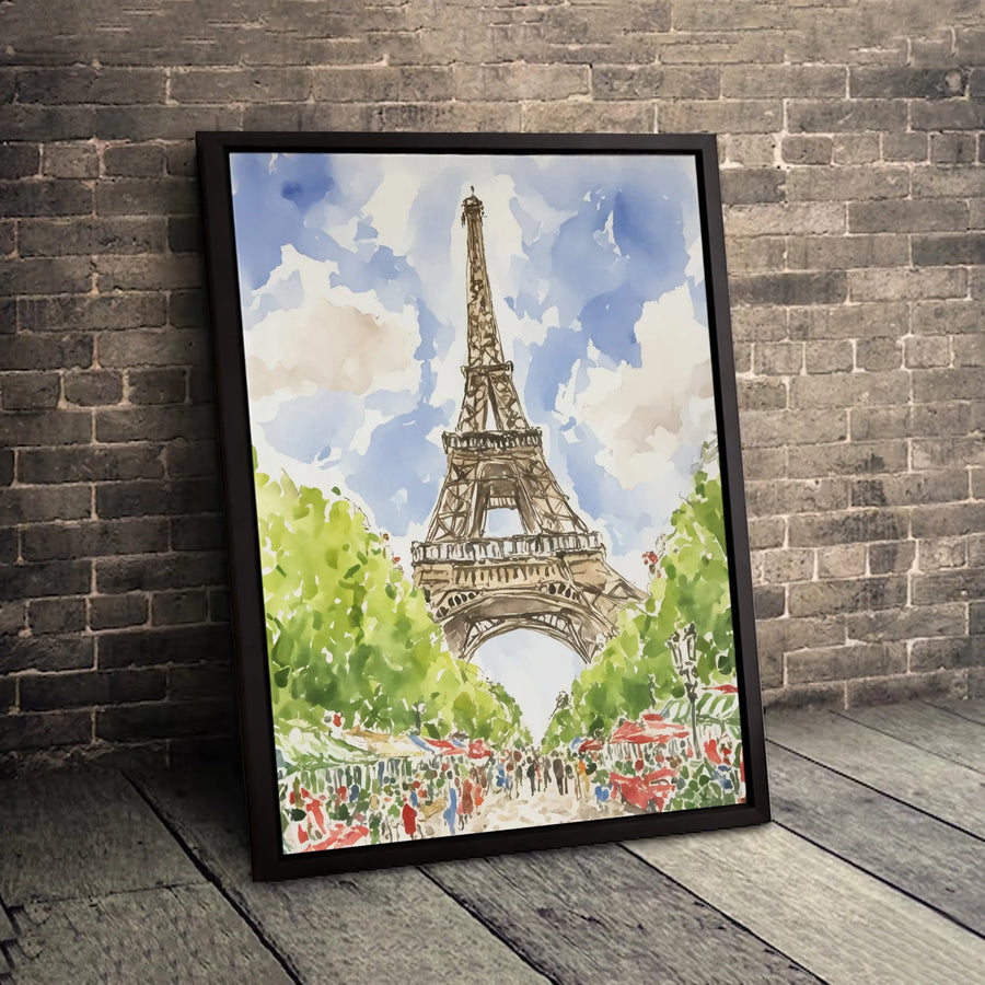 Eiffel Tower Canvas Wall Art | Watercolor Paris Street Market Print | Premium Gallery Wrap Decor | Travel Gift for France Lovers