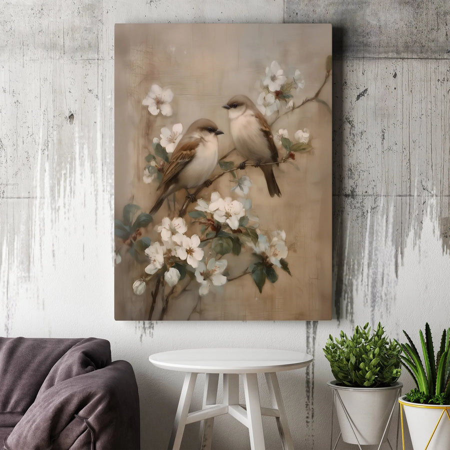 Vintage Bird Painting Vertical Canvas | Sparrow and Blossom Branch Art Print | Premium Gallery Wrapped Canvas | Farmhouse Living Room Decor Gift