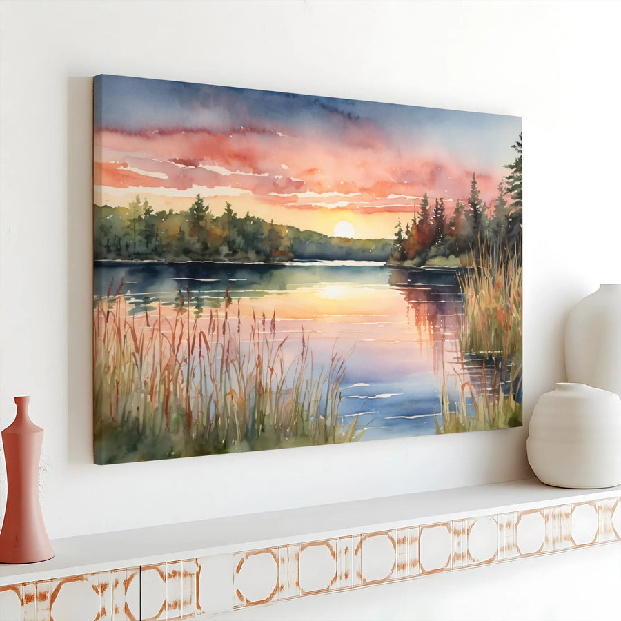 Watercolor Lake Sunset Canvas Print | Nature Landscape Wall Art | Gallery Wrapped Premium Canvas | Serene Home Decor For Living Room Bedroom