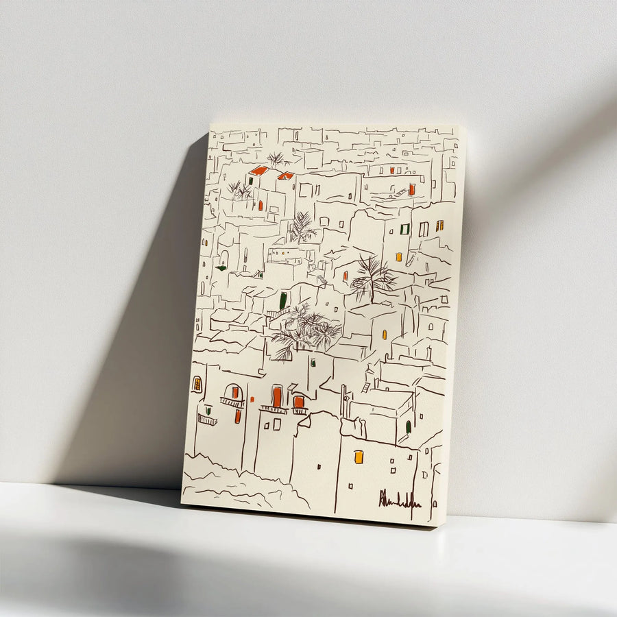 Mediterranean Village Canvas Wall Art | Minimalist Line Drawing Print | Premium Gallery Wrap Decor | Aesthetic Coastal Home Gift
