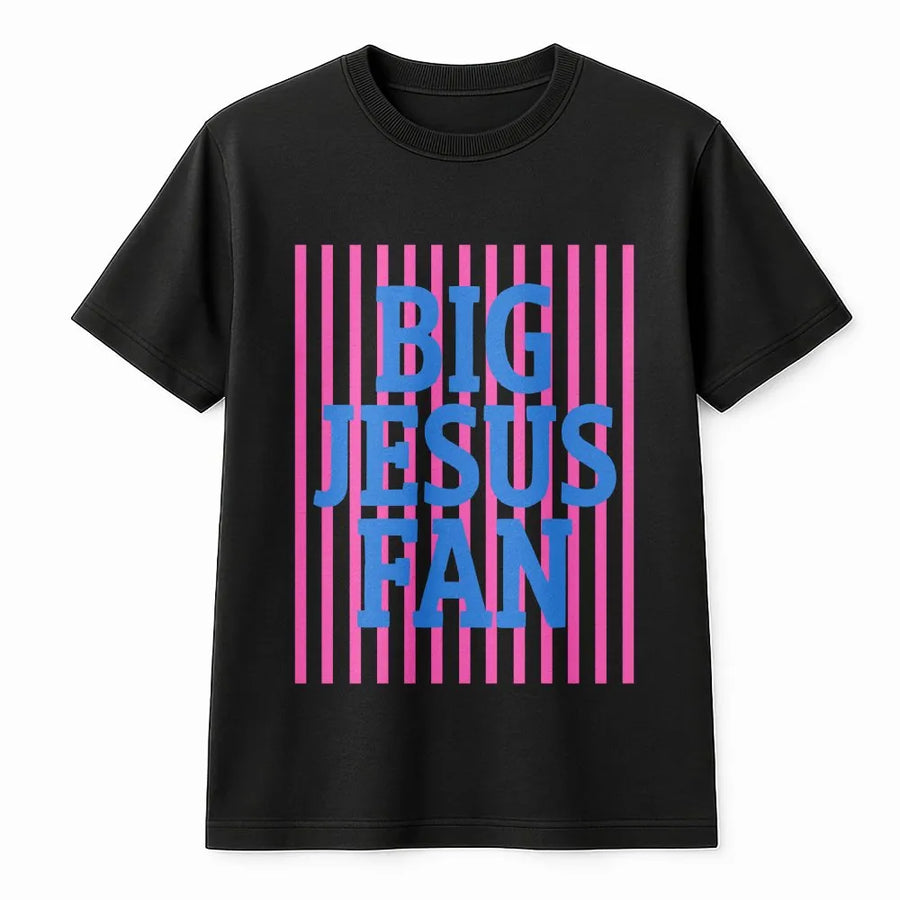 Big Jesus Fan T-Shirt | Preppy Striped Christian Graphic | Premium Cotton Blend | Inspirational Faith Gift for Women