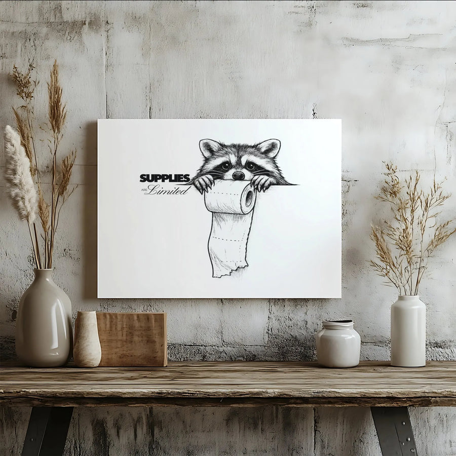 Funny Raccoon Bathroom Art Canvas | 'Supplies Are Limited' Sketch | Premium Gallery Canvas | Humorous Guest Bathroom Decor Gift