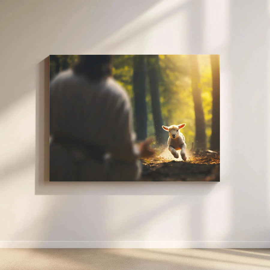 Jesus The Good Shepherd Canvas | Lost Sheep Running To Jesus Wall Art | Premium Fade-Resistant Print | Religious Home Decor Gift