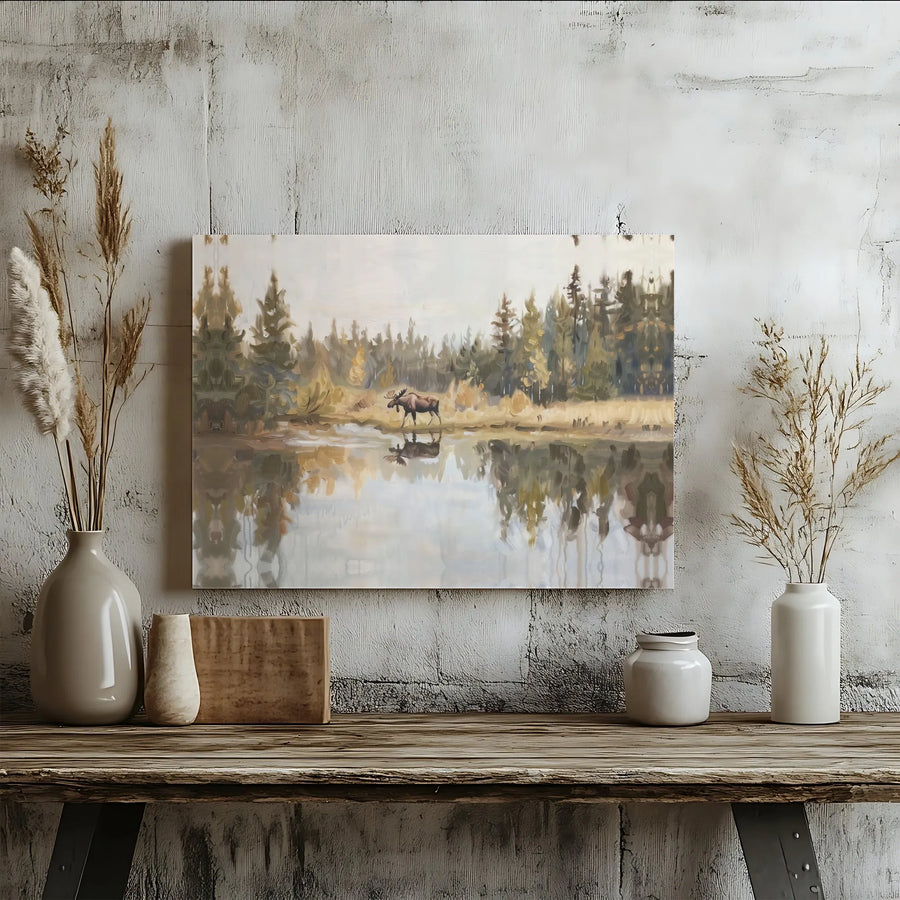 Moose Canvas Wall Art | Impressionist Wildlife Painting with Lake Reflection | Premium Gallery Wrap Canvas | Rustic Cabin & Lodge Decor Gift