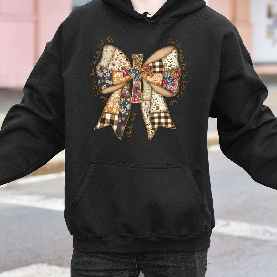 God Is Within Her Hoodie | Floral Patchwork Bow Christian Graphic | Soft Cotton-Blend Premium Apparel | Faith-Based Gift For Women
