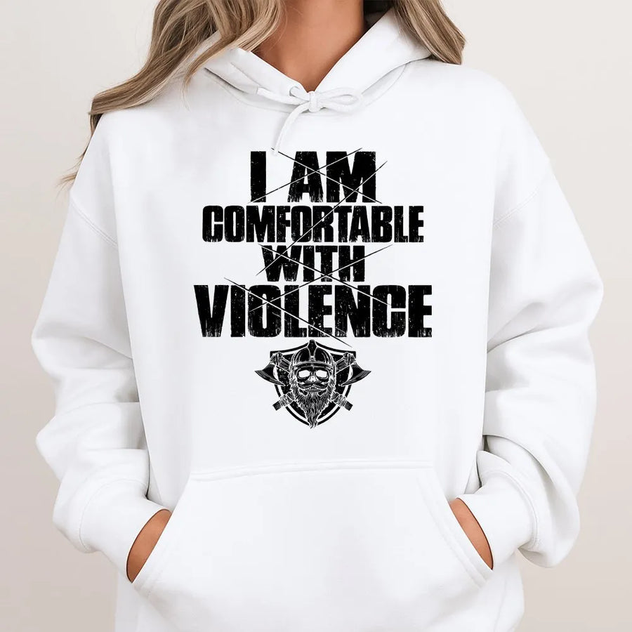 I Am Comfortable With Violence Hoodie | Viking Skull Graphic Sweatshirt | Premium Cotton-Blend Pullover | Edgy Streetwear Gift for Men and Women