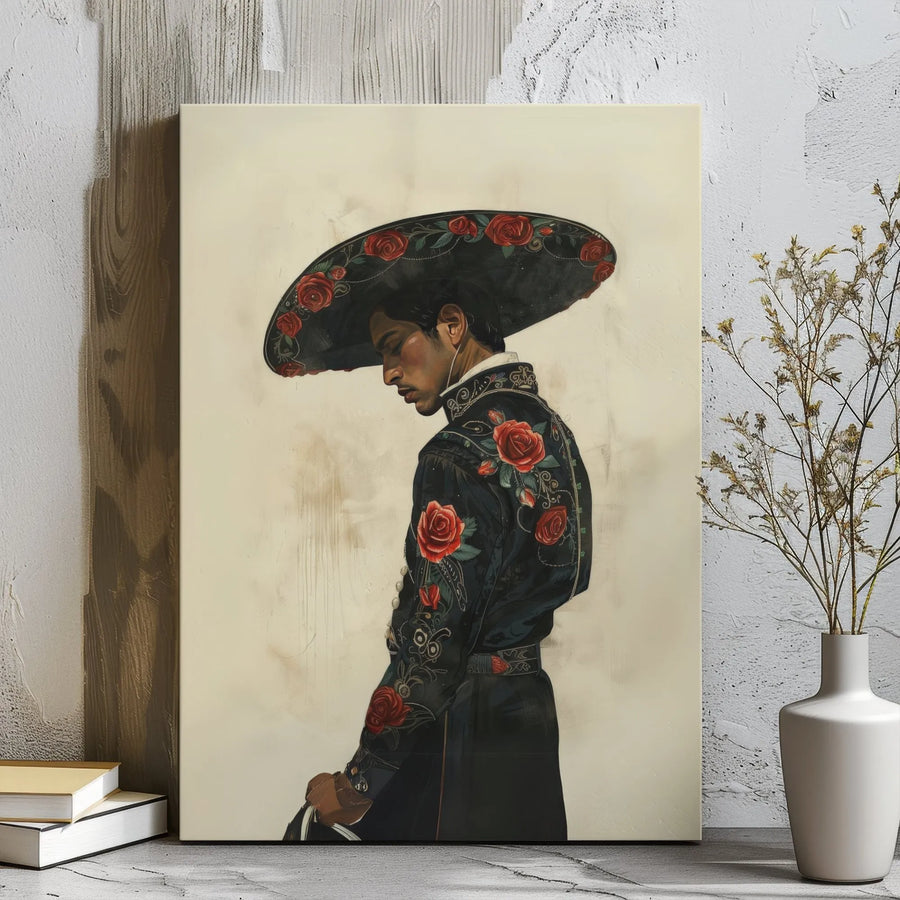 Mariachi Wall Art Canvas | Charro Suit With Red Roses Illustration | Premium Gallery Wrap Print | Hispanic Heritage Home Decor Gift