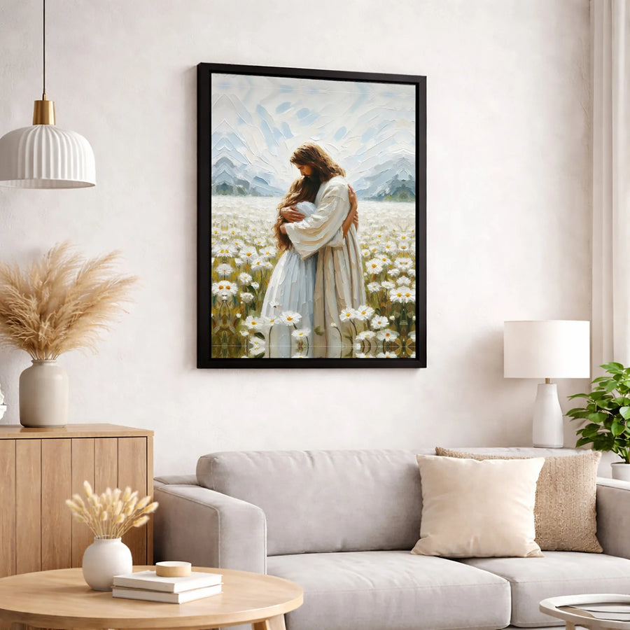 Jesus Hugging Woman Canvas | Impressionist Daisy Field Art | Gallery Quality 1.25 Inch Wrap | Christian Home Decor Gift