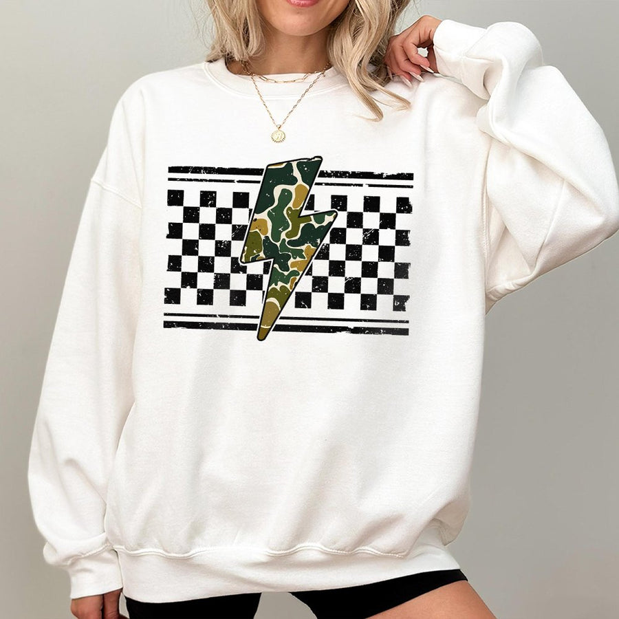 Camo Lightning Bolt Sweatshirt | Distressed Checkered Pattern Graphic | Soft Cotton Blend Unisex Pullover | Trendy Hunting Gift for Her