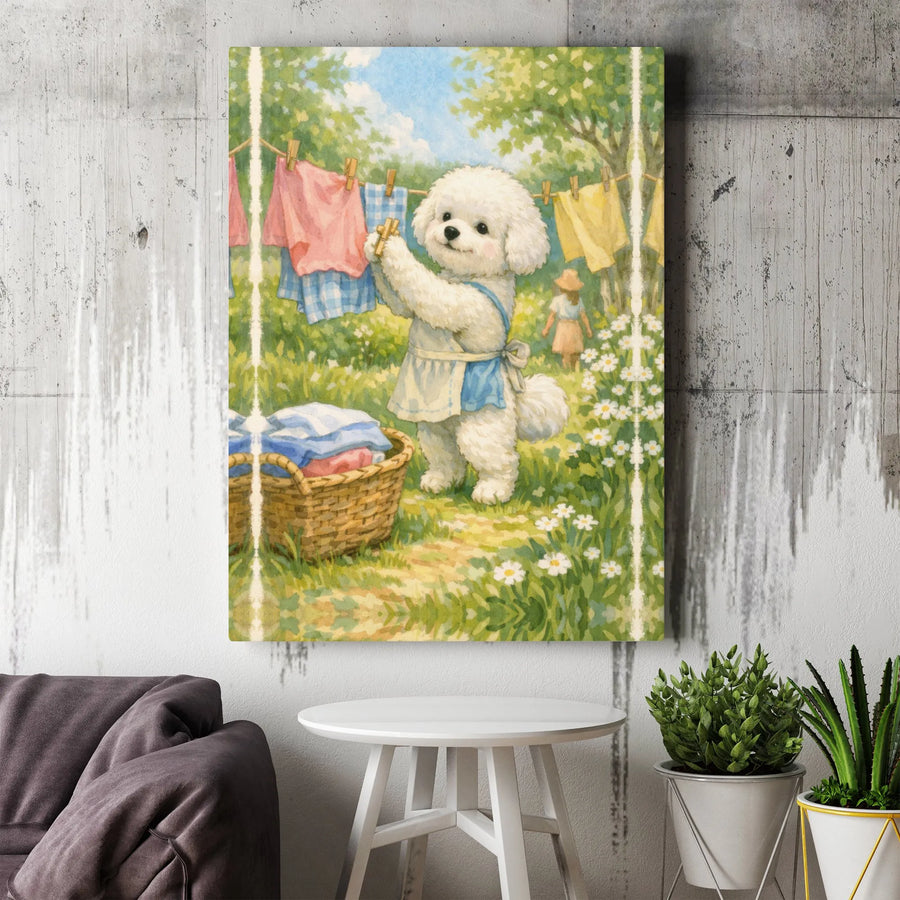 Cute Bichon Frise Canvas Wall Art | Whimsical Dog Doing Laundry Painting | Premium Gallery Wrapped Canvas | Collector's Gift for Dog Lover, Laundry Room Decor