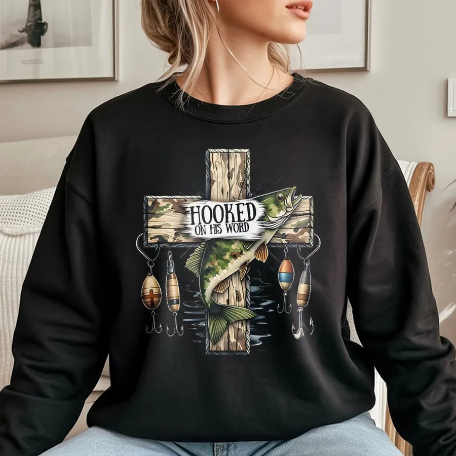 Christian Fishing Sweatshirt | Hooked On His Word Camo Cross Graphic | Soft Cotton Tee | Gift for Men, Faith Based Angler Apparel