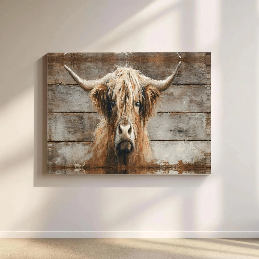 Highland Cow Canvas Wall Art | Rustic Shaggy Cow Portrait on Wood | Premium Gallery Wrapped Print | Farmhouse Living Room Decor & Gift