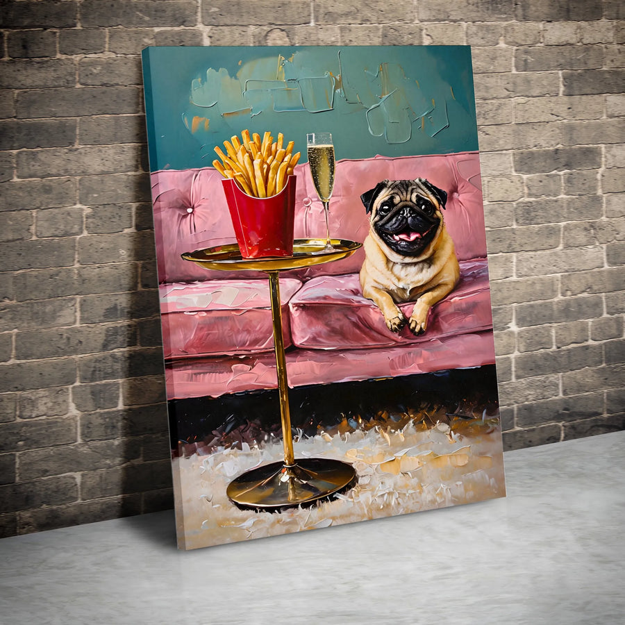 Pug Wall Art | Whimsical Dog Eating French Fries & Champagne Print | 1.25-Inch Gallery Wrapped Canvas | Funny Pet Home Decor Gift