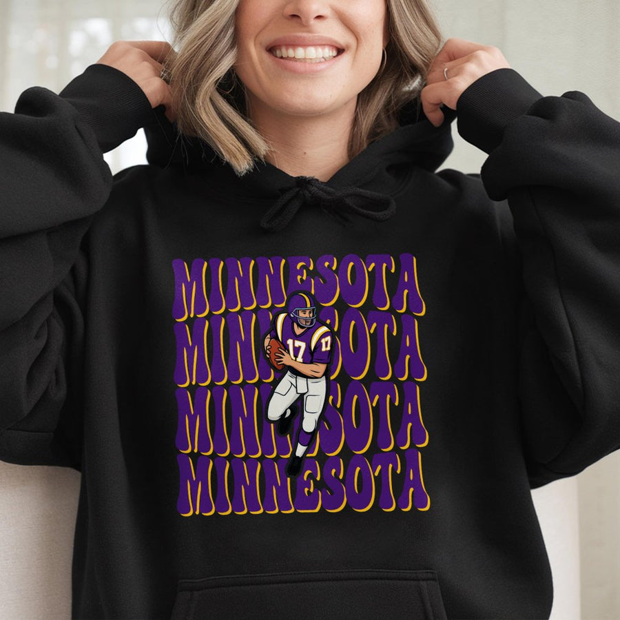 Minnesota Repeating Retro Text With A Minnesota Vikings Football Player Graphic Hoodie