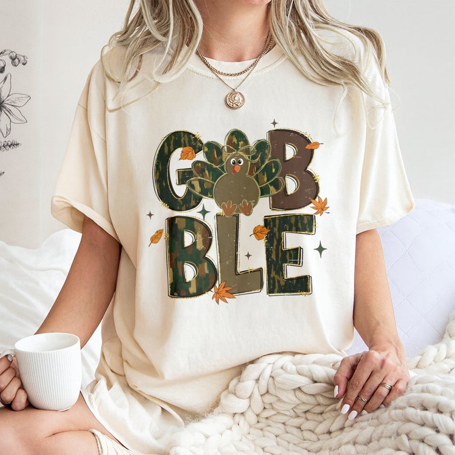 Gobble Turkey Camo T-Shirt | Distressed Brushstroke Graphic | 100% Cotton Premium Tee | Fun Thanksgiving Holiday Gift for Men Women