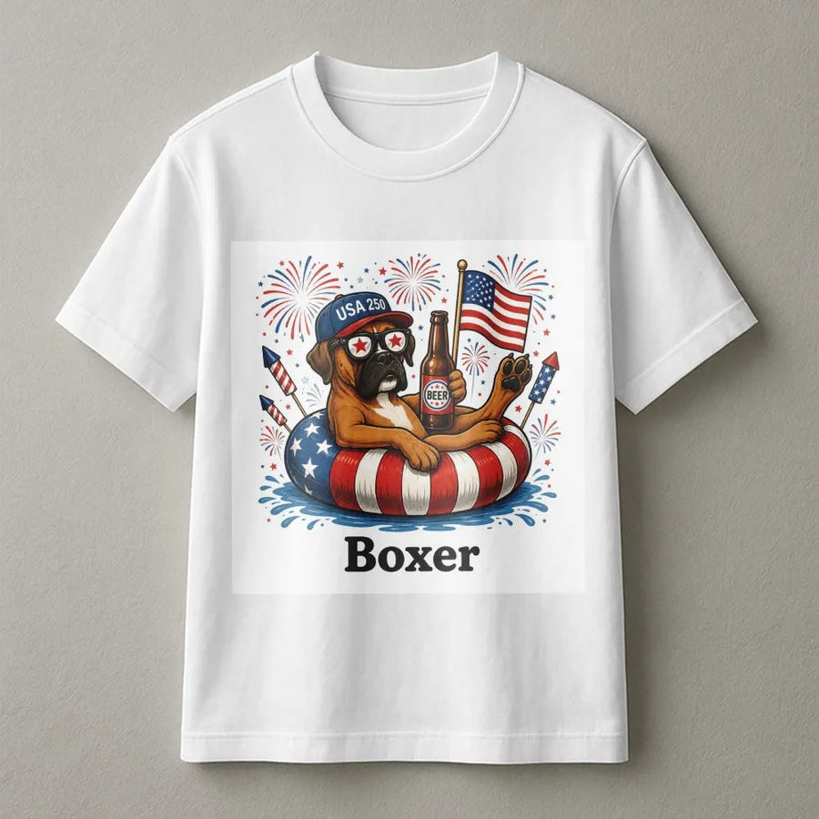 Patriotic Boxer Dog T-Shirt | Funny USA Flag Fireworks Design | Soft Cotton Unisex Tee | Gift for Boxer Mom Dad
