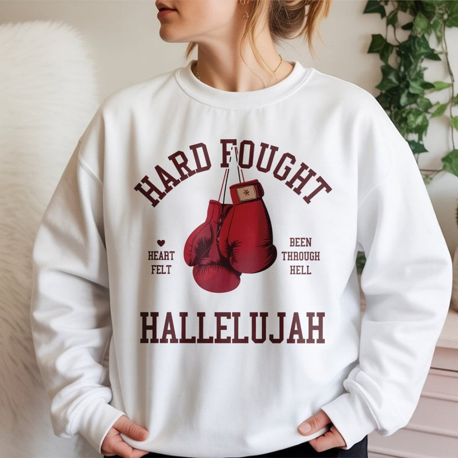 Hard Fought Hallelujah Sweatshirt | Boxing Gloves Graphic Print | Premium Cotton-Blend Fleece | Religious Faith Gift for Men and Women