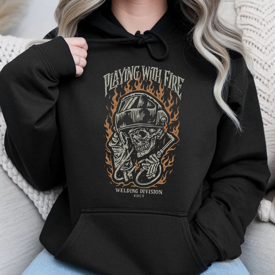 Welder Skull Graphic Hoodie | Playing With Fire Mechanic Design | Premium Cotton-Poly Blend | Gift For Welder And Metalworker