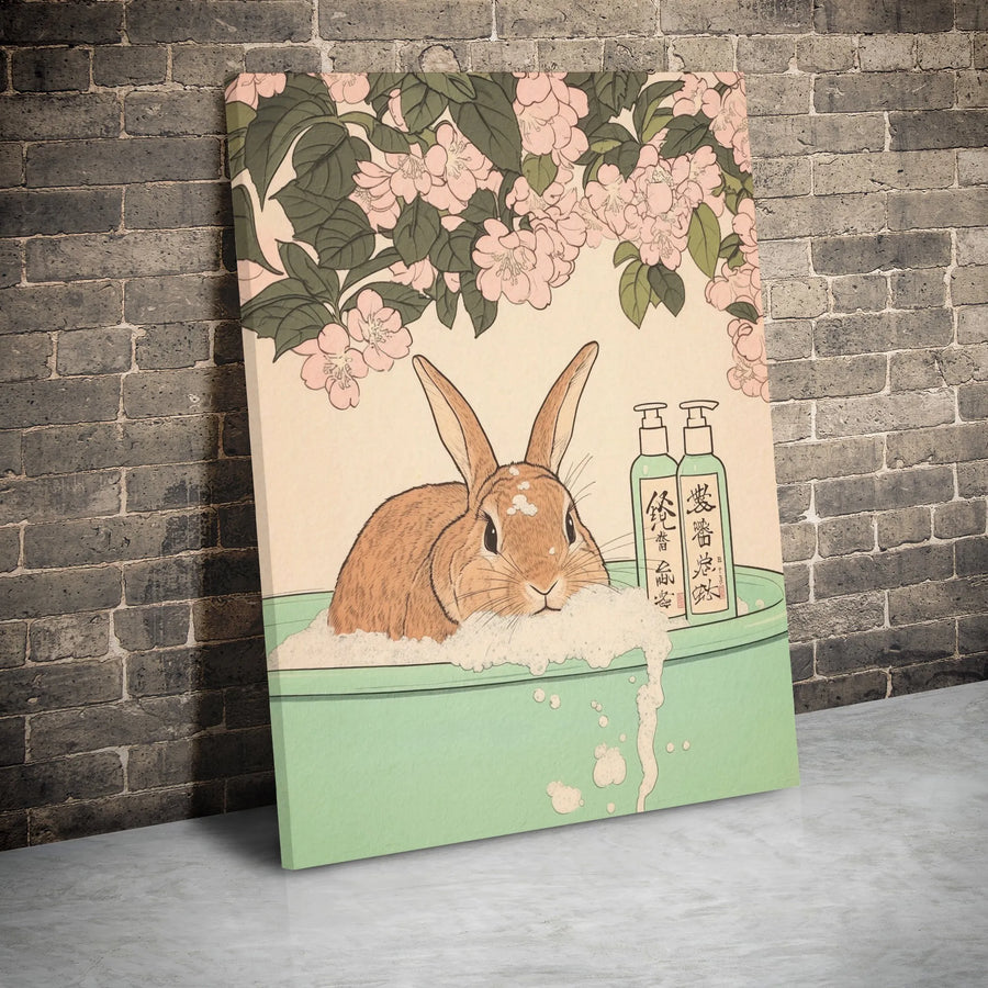 Rabbit Bubble Bath Canvas Art | Ukiyo-e Cherry Blossom Japanese Style Wall Decor | Premium Gallery Wrap Print | Whimsical Animal Lover Gift