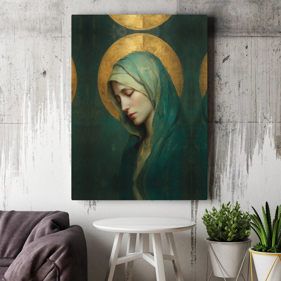 Virgin Mary Canvas Print | Renaissance Style Portrait with Gold Halo | Premium Gallery Wrapped Canvas | Christian Spiritual Wall Art Gift