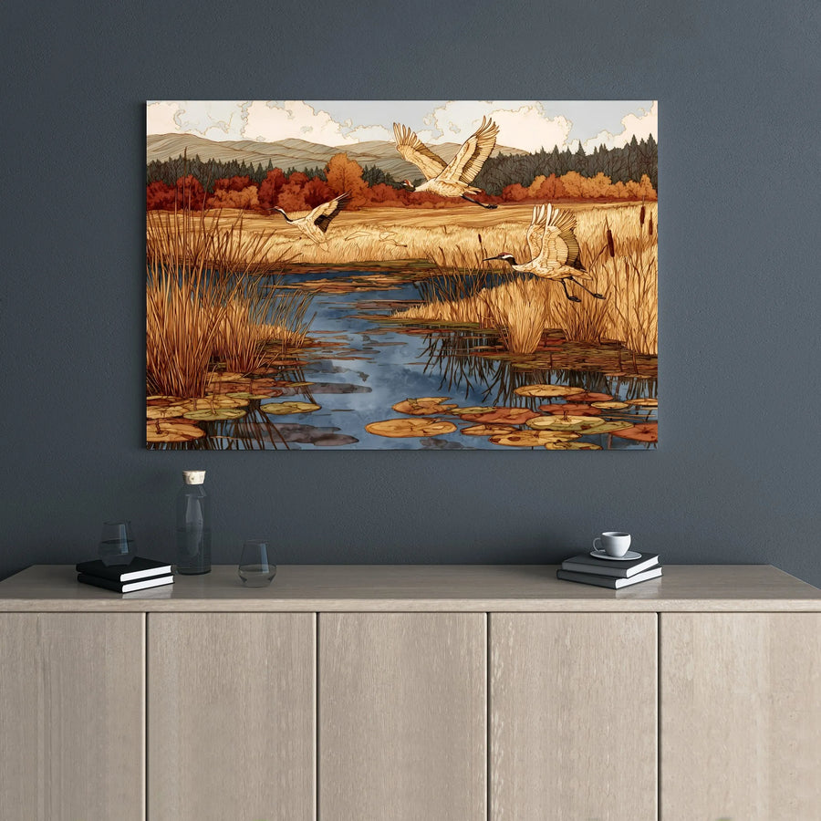 Japanese Cranes Canvas Wall Art | Autumn Marshland Landscape Print | Premium 1.25-Inch Gallery Wrap | Serene Nature Decor for Living Room