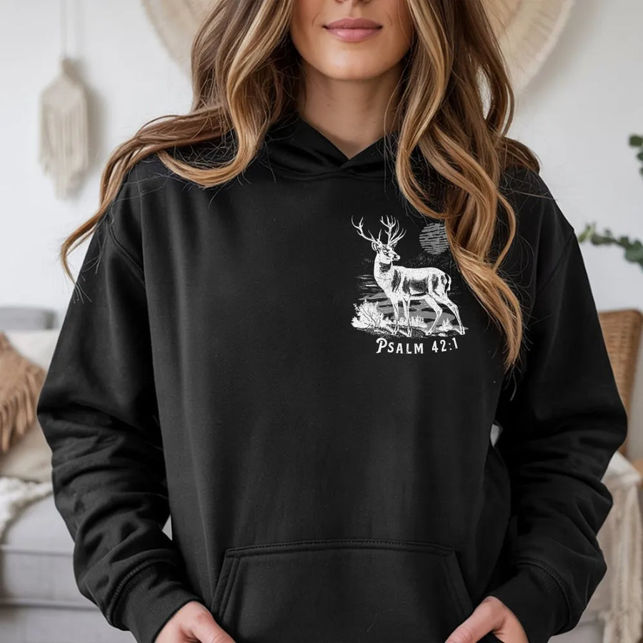 Psalm 42:1 Christian Hoodie | Vintage Deer Graphic Tee | Soft Breathable Cotton | Religious Faith Gift for Men