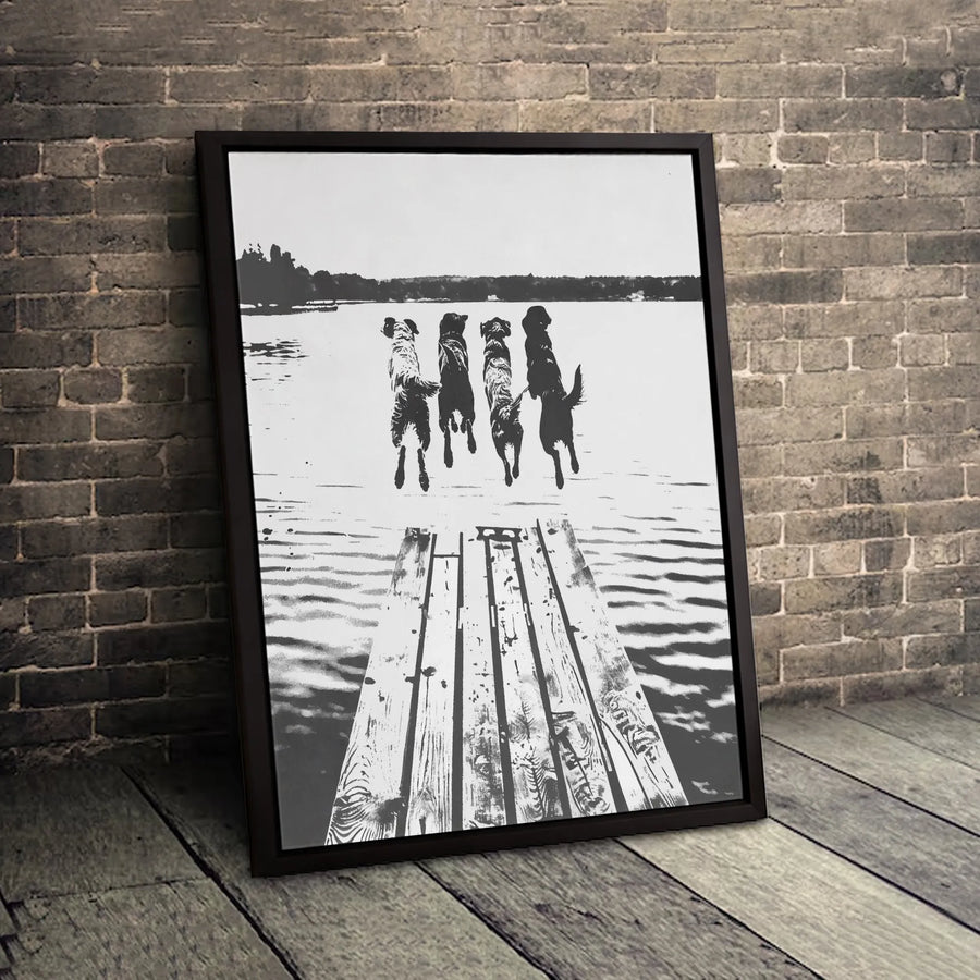Four Dogs Jumping Off Dock Wall Art | Black and White Nature Photography Print | Premium Gallery Wrapped Canvas | Best Gift for Dog Lovers