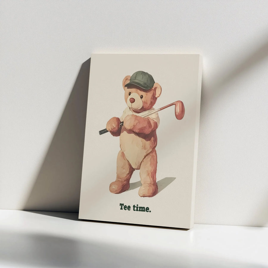 Golf Teddy Bear Canvas Wall Art | Tee Time Watercolor Print | Premium Gallery Wrap Decor | Gift for Golfer and Kids Room Nursery
