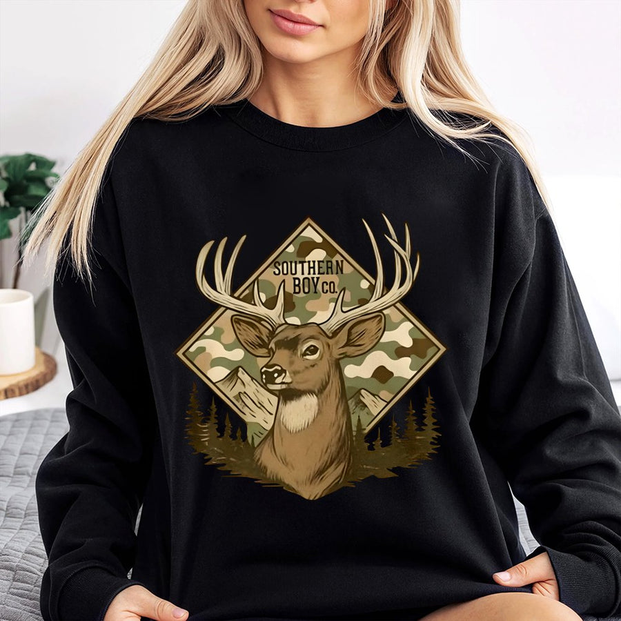 Camo Buck Deer Sweatshirt | Mountain Forest Nature Print | Premium Cotton Blend Crewneck | Outdoor Hunter Wildlife Gift for Him