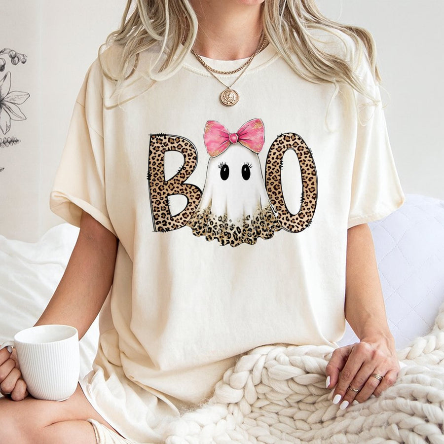 Ghost Boo T-Shirt | Preppy Leopard Print Coquette Bow Design | Premium Soft Cotton Tee | Cute Spooky Halloween Gift for Women and Teens