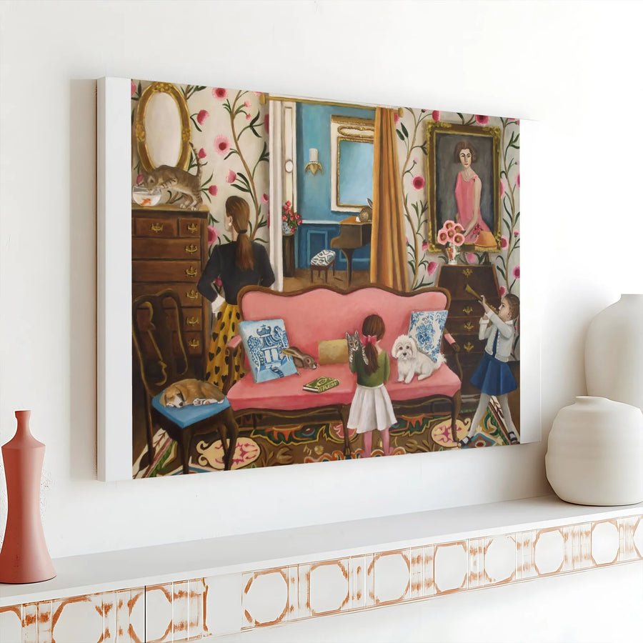 Whimsical Family Portrait Canvas Print | Eclectic Domestic Scene Painting | Premium 1.25" Gallery Wrap Wall Art | Maximalist Home Decor Gift