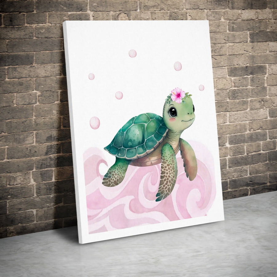 Cute Sea Turtle Wall Art | Watercolor Baby Turtle With Flower Crown | Premium Gallery-Wrapped Canvas Print | Nursery Decor Gift