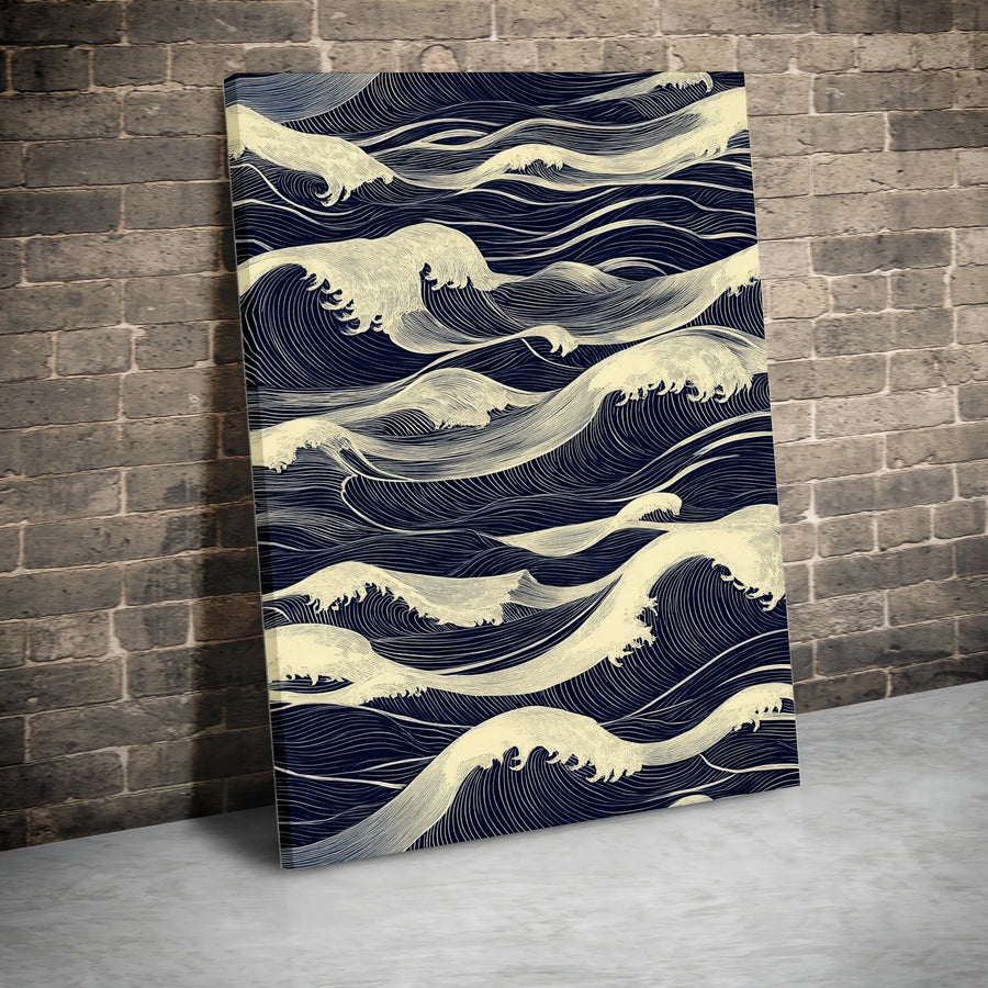 Japanese Ocean Waves Canvas Wall Art | Minimalist Navy Blue Line Drawing | Premium Gallery Wrapped Print | Modern Zen Home Decor Gift