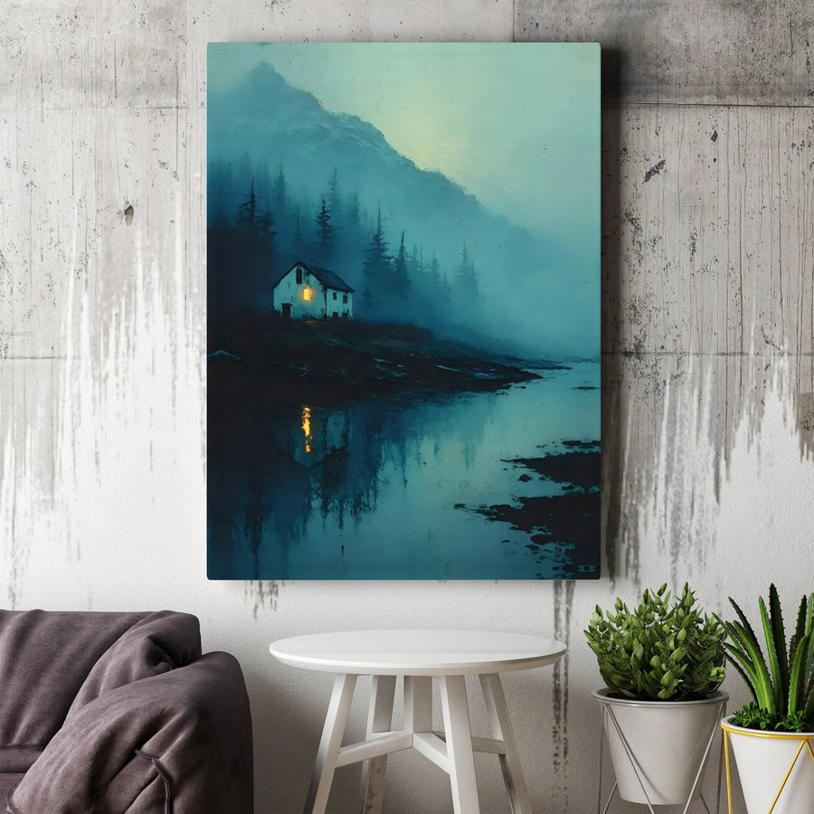 Misty Mountain Cabin Canvas Wall Art | Moody Forest Landscape Print | 1.25-Inch Premium Gallery Wrap | Atmospheric Home Decor Gift