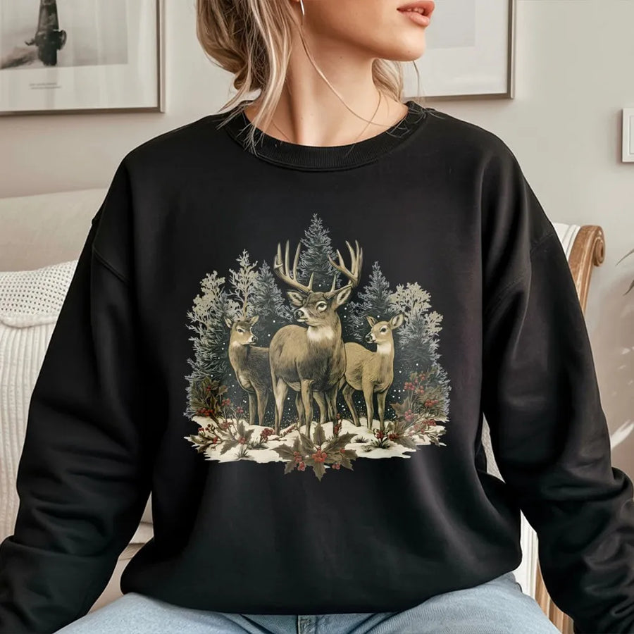 Vintage Deer Forest Sweatshirt | Retro Nature Graphic Print | Premium Cotton Blend Crewneck | Winter Wildlife Gift for Outdoorsmen & Nature Lovers