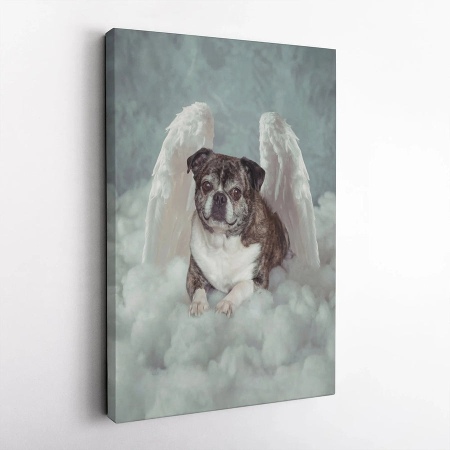 Dog Memorial Canvas Print | Brindle Pug Angel on Cloud Art | Premium Gallery Canvas | Sympathy Gift for Pet Loss Remembrance