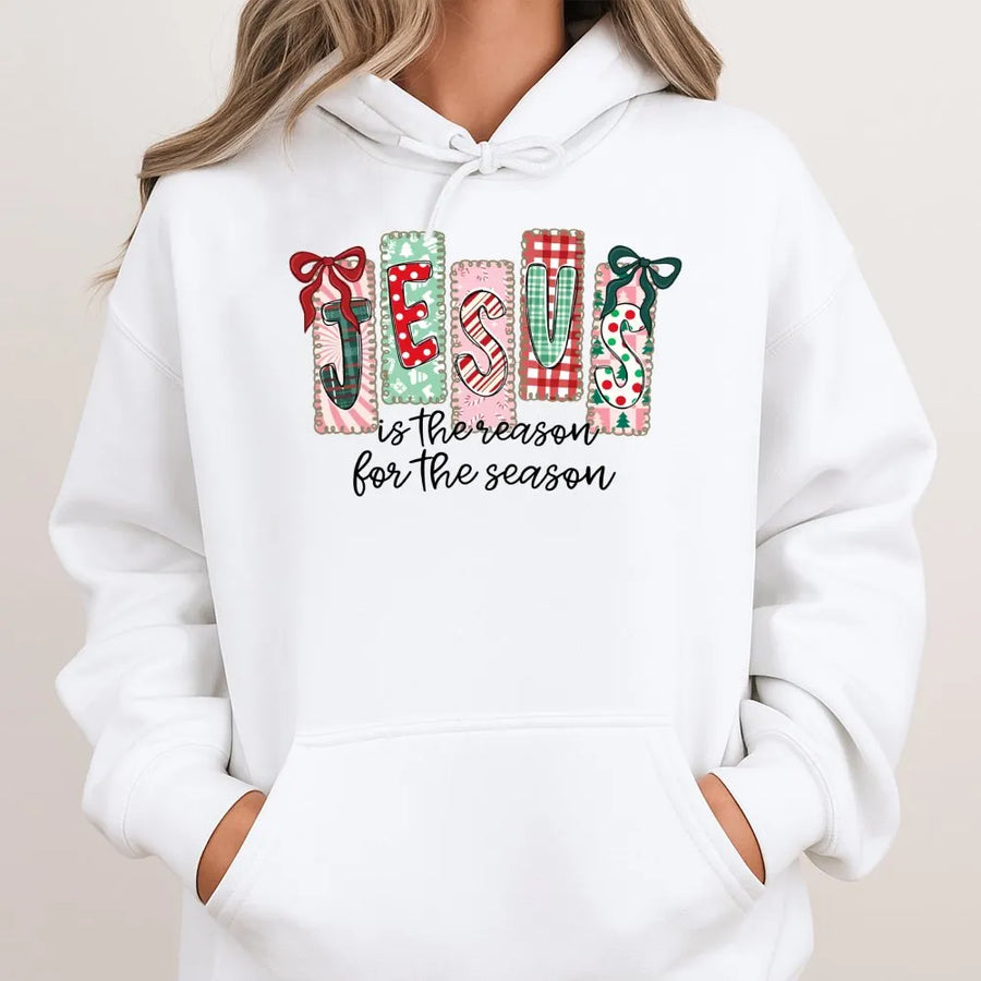 Jesus Is The Reason For The Season Hoodie | Festive Plaid Candy Cane Christian Apparel | Premium Unisex Fleece | Christmas Religious Gift